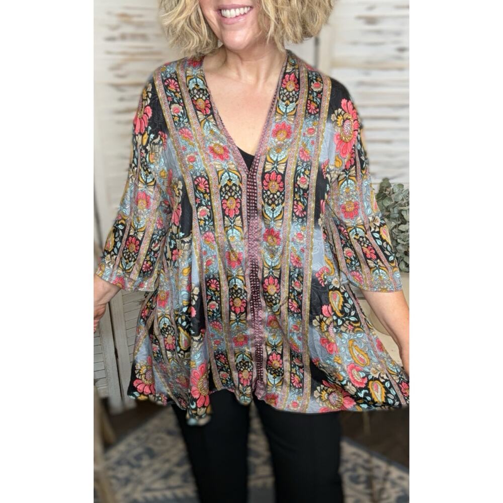 CIENNA Australia Women's XL Floral Boho Kimono Silk Snap Flowy Lightweight Tunic - Picture 2 of 14